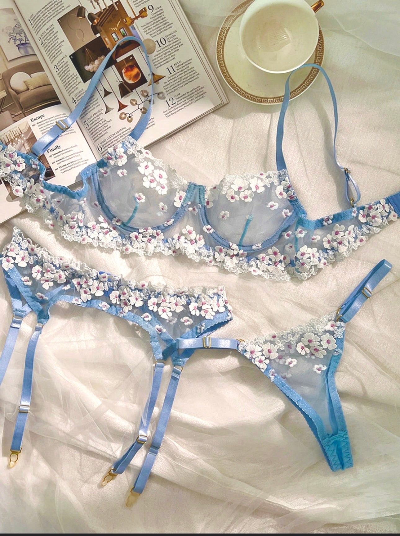 Blue Cherry Blossoms Sheer Lace Lingerie Set 3pc Collection Hello.LA.Girl